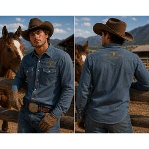 Yellowstone Dutton Ranch Denim Western Shirt‎ Mens Small Pearl Snap Blue NWT